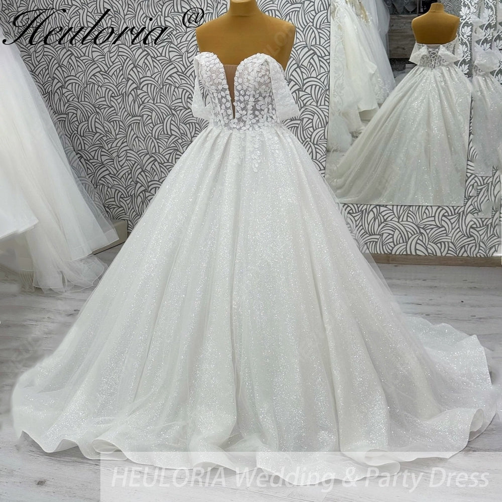 HEULORIA Ethereal Sparkle Tulle Ball Gown with Plunging Leafy Lace & Off-the-Shoulder Sleeves BA-1101