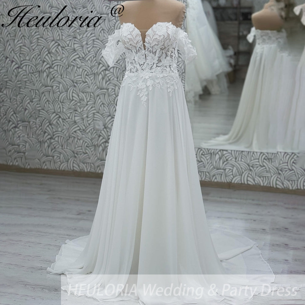 HEULORIA  elegant A line wedding dress off shoulder lace chiffon bridal dress Robe De Mariee Wedding Bride Dress AL-1053