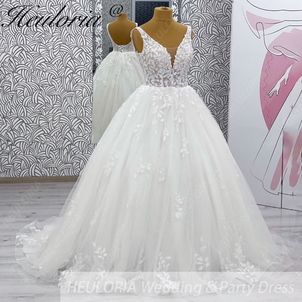Heuloria Ethereal Deep V-Neck Leaf Lace Ballgown Wedding Dress with Shimmer Tulle & Corset Back BA-1047