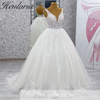 Heuloria Ethereal Deep V-Neck Leaf Lace Ballgown Wedding Dress with Shimmer Tulle & Corset Back BA-1047
