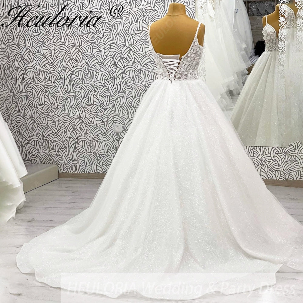 HEULORIA 3D Floral Appliqué Sparkly Ballgown Wedding Dress: Deep V-Neck & Shimmering Glitter Tulle BA-1244