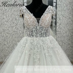 HEULORIA  A line Wedding Dress V neck short sleeve Boho Lace Appliques Tulle Long Bridal Gowns Backless Vestidos de Novia Customized AL-1102