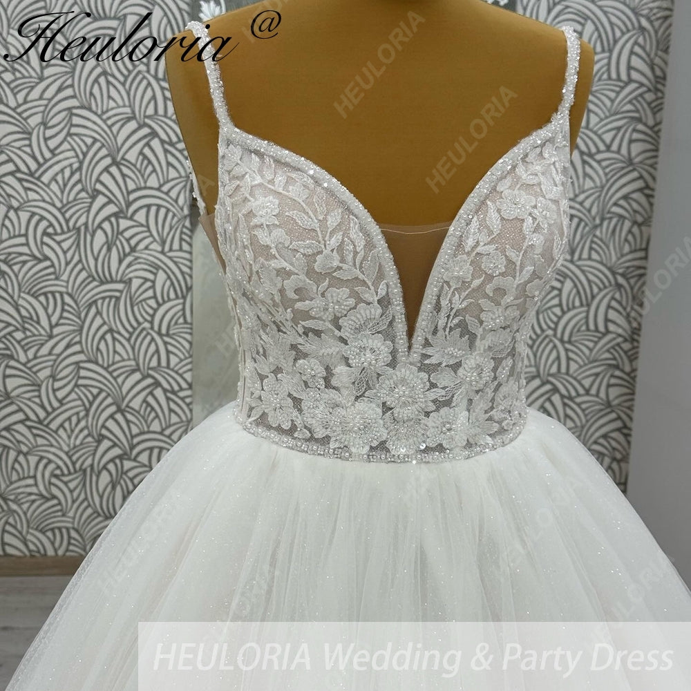 HEULORIA Sparkling Floral Lace A-Line Wedding Dress with Plunging V-Neck and Delicate Spaghetti Straps AL-1064