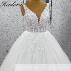 Heuloria Ethereal Deep V-Neck Leaf Lace Ballgown Wedding Dress with Shimmer Tulle & Corset Back BA-1047