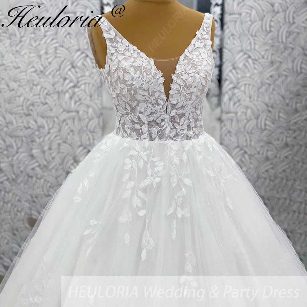 Heuloria Ethereal Deep V-Neck Leaf Lace Ballgown Wedding Dress with Shimmer Tulle & Corset Back BA-1047