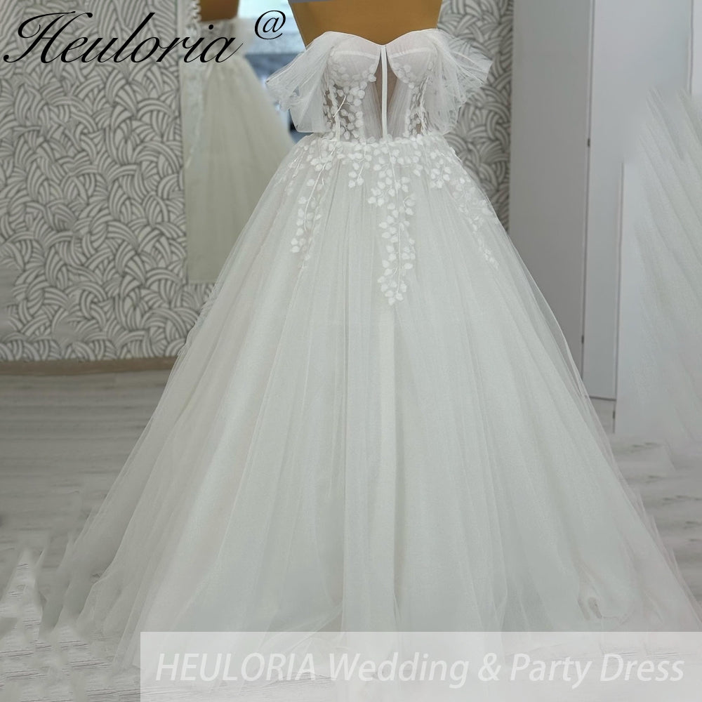 HEULORIA elegant A line wedding dress off shoulder Sparkly Glitter lace bridal dress long sleeve Robe De Mariee Wedding Bride Dress long train AL-1061
