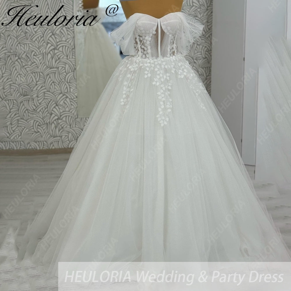 HEULORIA Ethereal Leaf Lace Off-the-Shoulder Wedding Dress with Draped Tulle Sleeves and Corset Bodice AL-1061