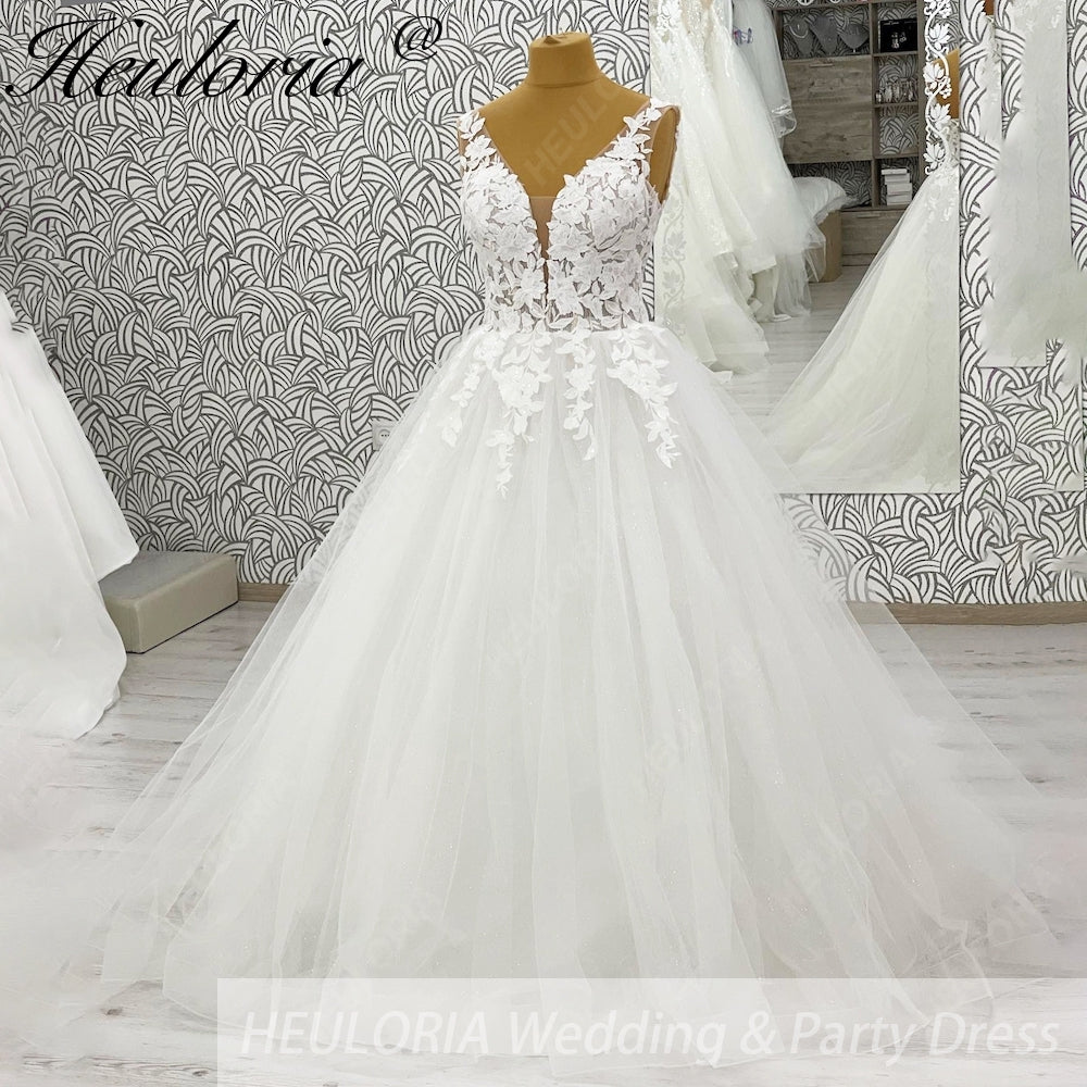 HEULORIA Romantic Illusion V-Neck Floral Lace A-Line Wedding Dress: Exquisite Appliques & Shimmering Tulle AL-1038