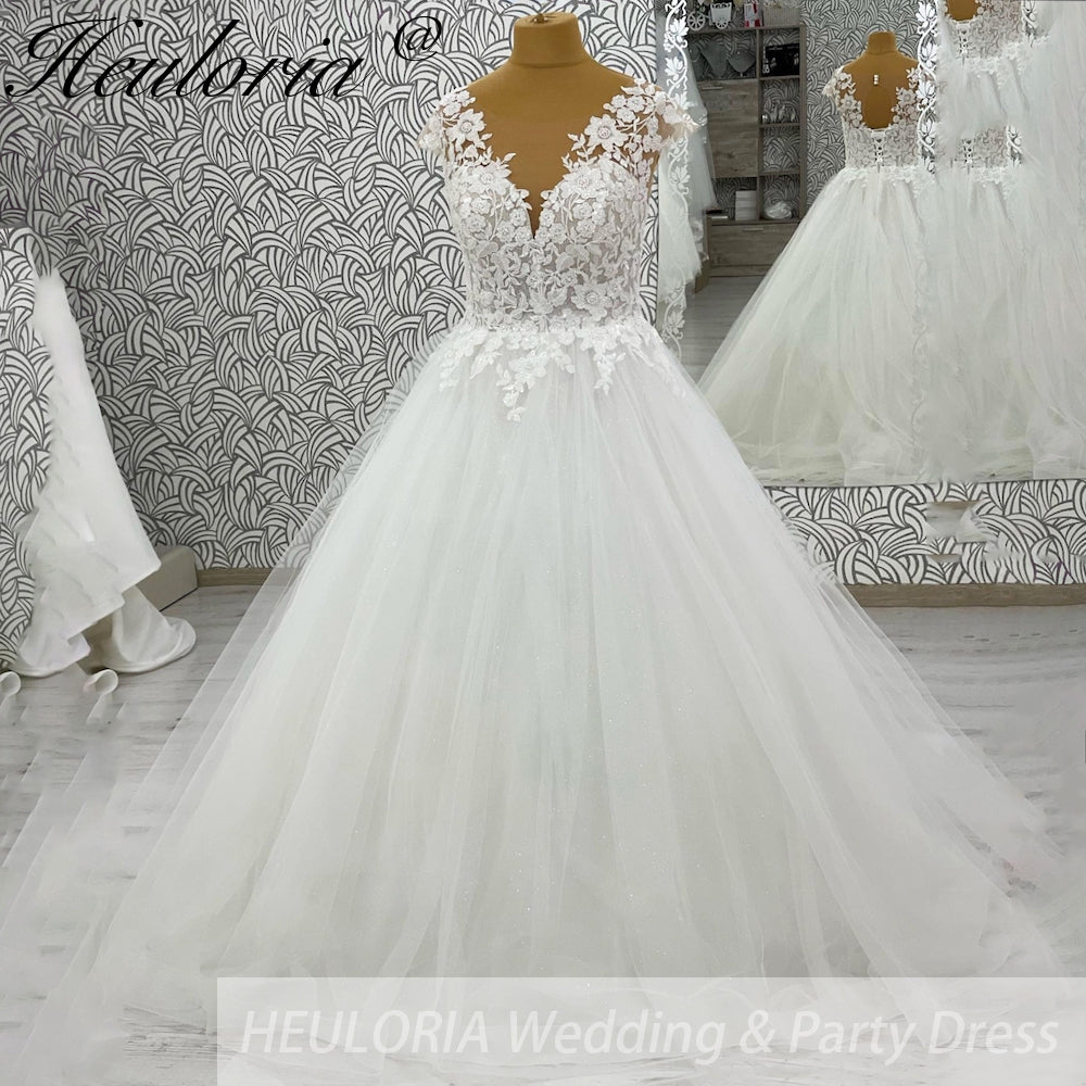 HEULORIA V Neck Sleeveless A lineWedding Dress Boho Lace Appliques Tulle Long Bridal Gowns Backless Vestidos de Novia Customized AL-1042