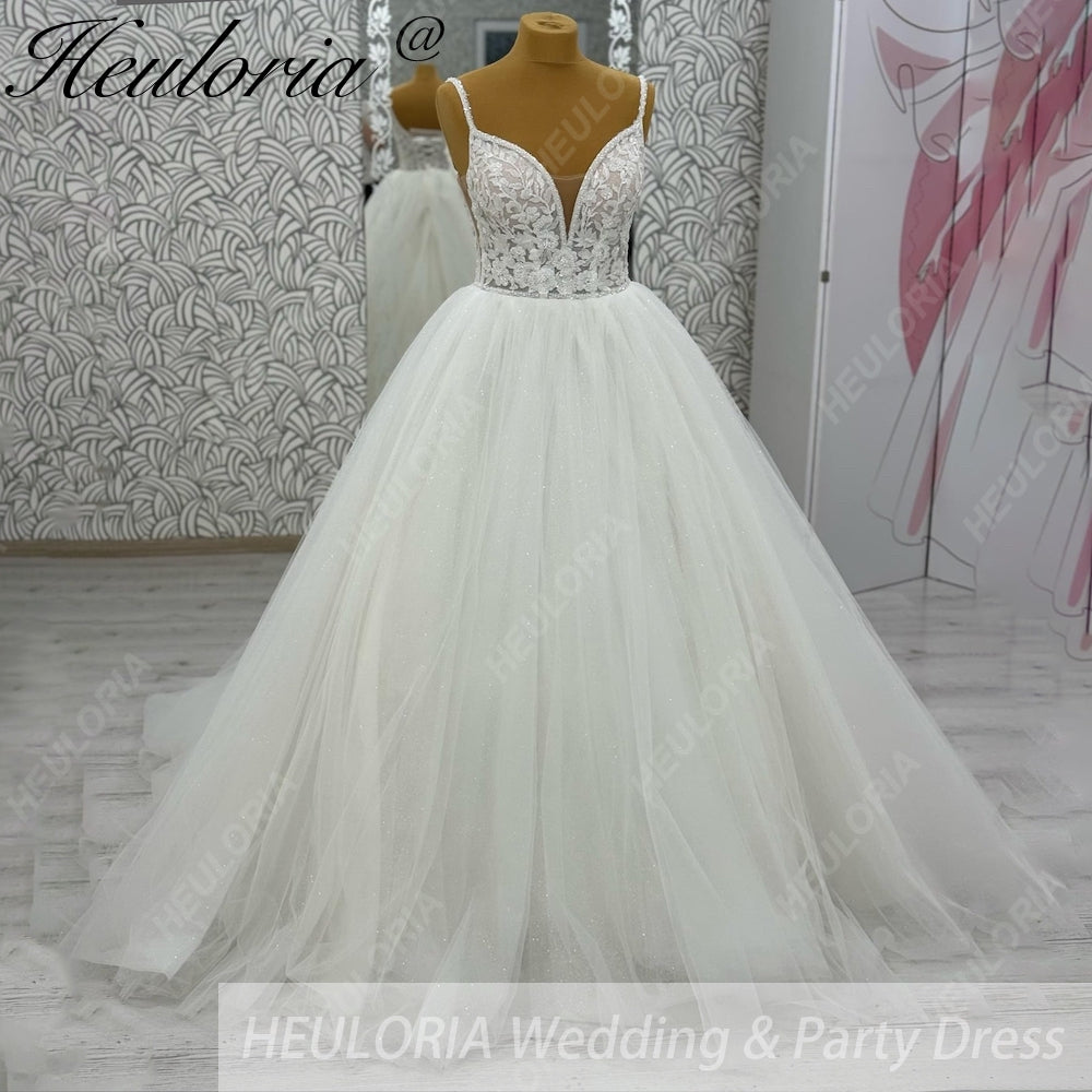 HEULORIA Sparkling Floral Lace A-Line Wedding Dress with Plunging V-Neck and Delicate Spaghetti Straps AL-1064