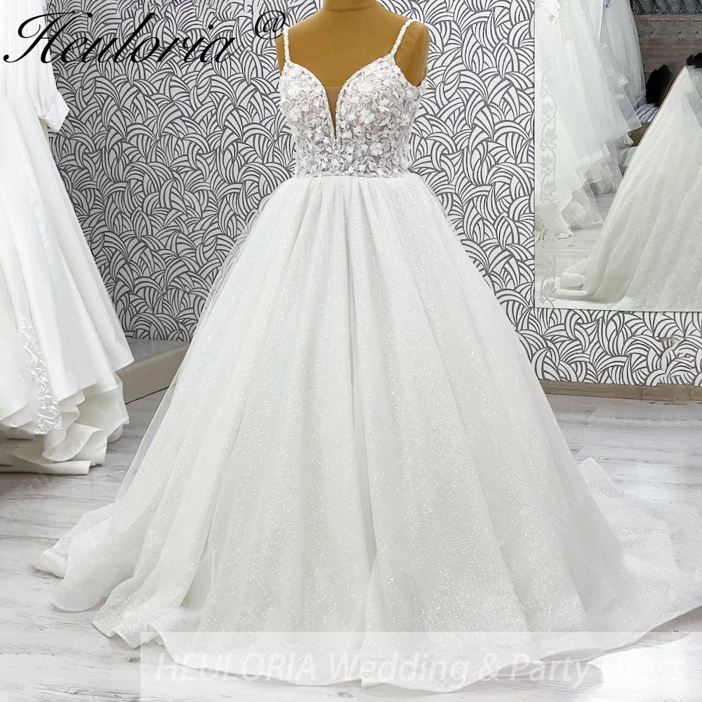 HEULORIA 3D Floral Appliqué Sparkly Ballgown Wedding Dress: Deep V-Neck & Shimmering Glitter Tulle BA-1244