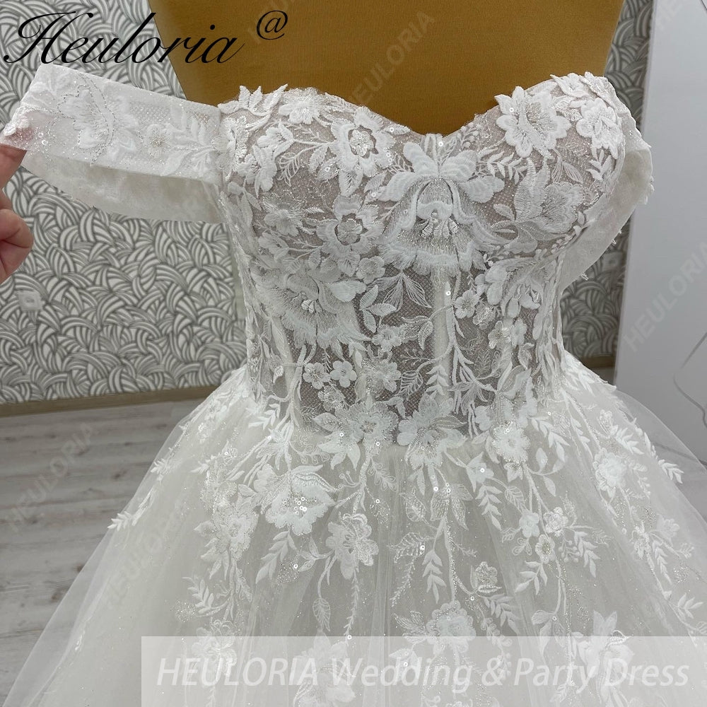 HEULORIA elegant A line wedding dress off shoulder Sparkly Glitter lace bridal dress long sleeve Robe De Mariee Wedding Bride Dress long train AL-1067