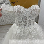 HEULORIA elegant A line wedding dress off shoulder Sparkly Glitter lace bridal dress long sleeve Robe De Mariee Wedding Bride Dress long train AL-1067