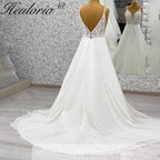 HEULORIA Romantic Boho A-Line Wedding Dress - Deep V-Neck Lace Bodice & Flowy Chiffon Skirt with Train AL-1066