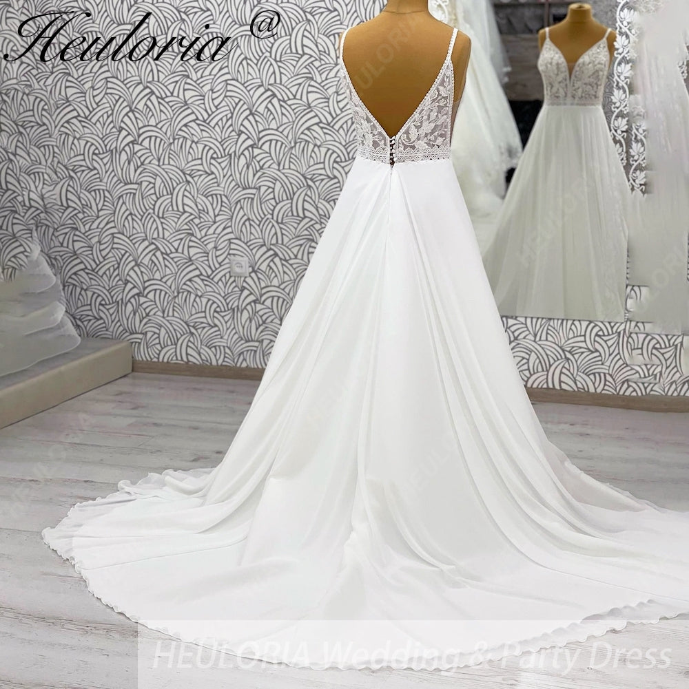 HEULORIA Romantic Boho A-Line Wedding Dress - Deep V-Neck Lace Bodice & Flowy Chiffon Skirt with Train AL-1066