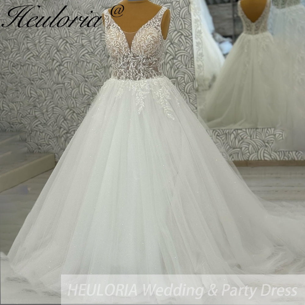 HEULORIA V Neck Sleeveless A line Wedding Dress Boho Lace Appliques Tulle Long Bridal Gowns Backless Vestidos de Novia Customized AL-1063