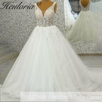 HEULORIA Ethereal Deep V-Neck Leaf Lace A-Line Wedding Dress - Shimmering Sequin Tulle & Corset Back AL-1063