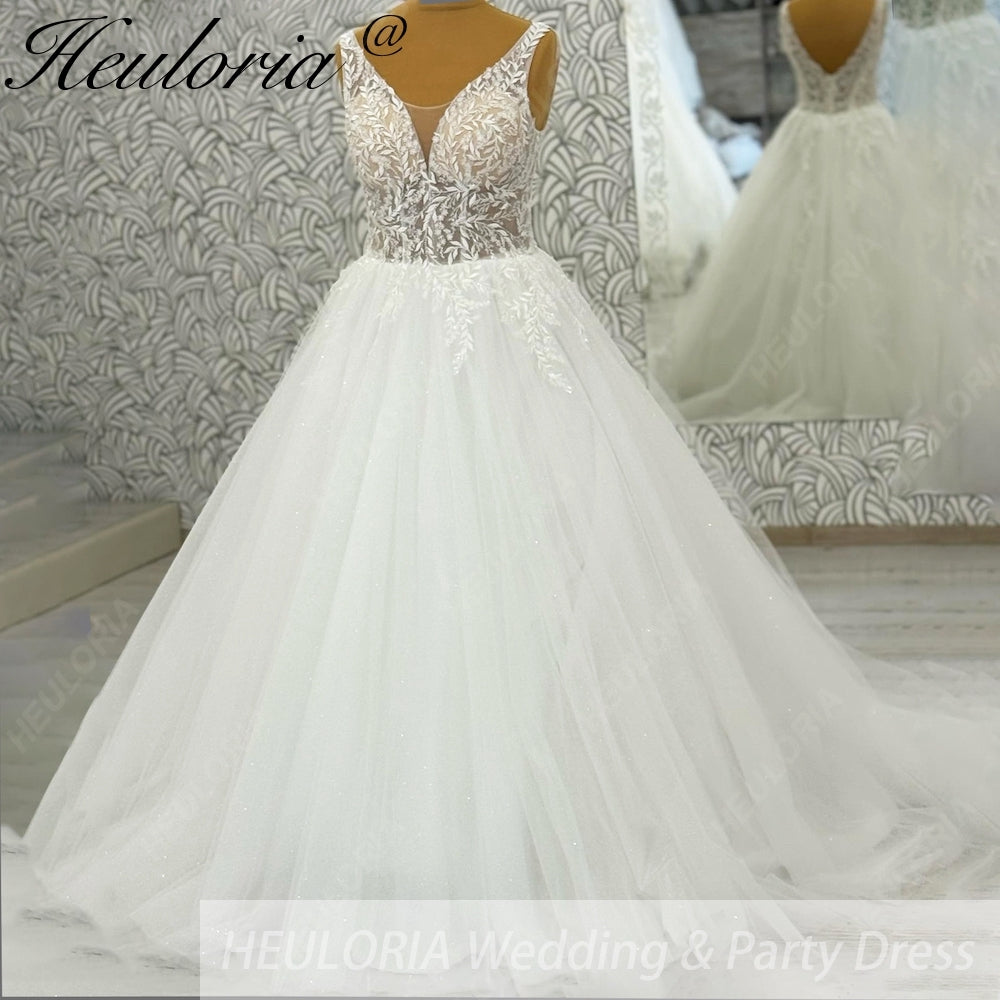 HEULORIA Ethereal Deep V-Neck Leaf Lace A-Line Wedding Dress - Shimmering Sequin Tulle & Corset Back AL-1063