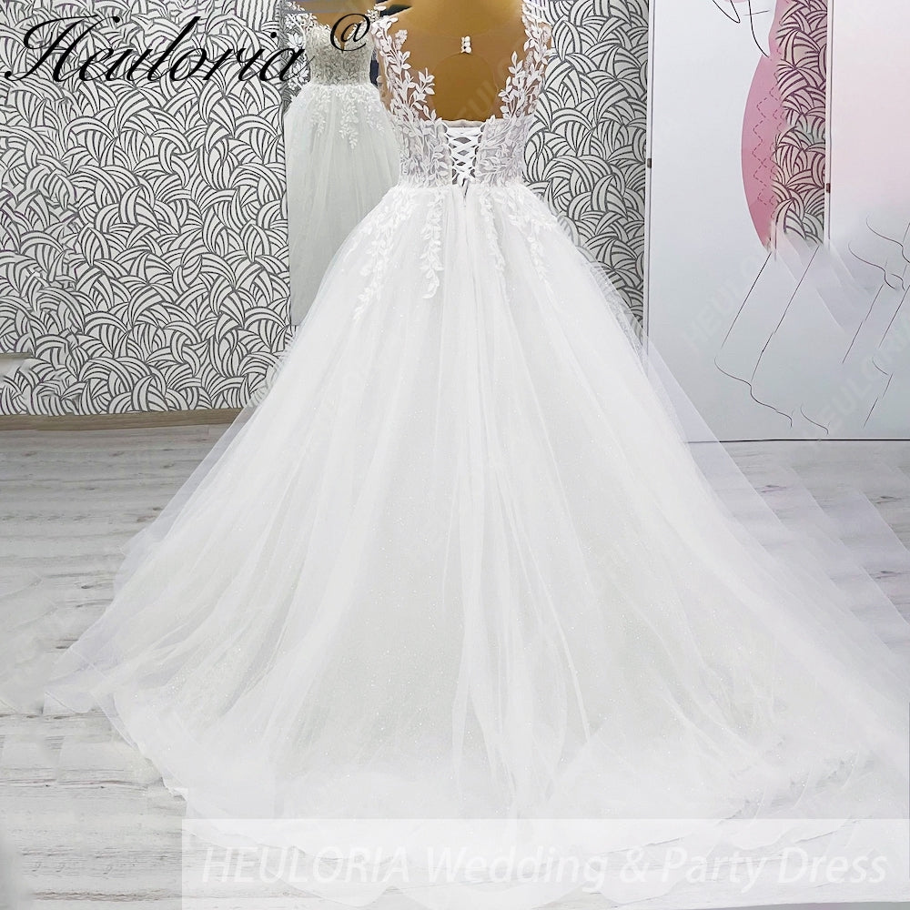 HEULORIA Ethereal Leaf Lace Plunging V-Neck A-Line Wedding Dress with Shimmer Tulle and Corset Back AL-1045