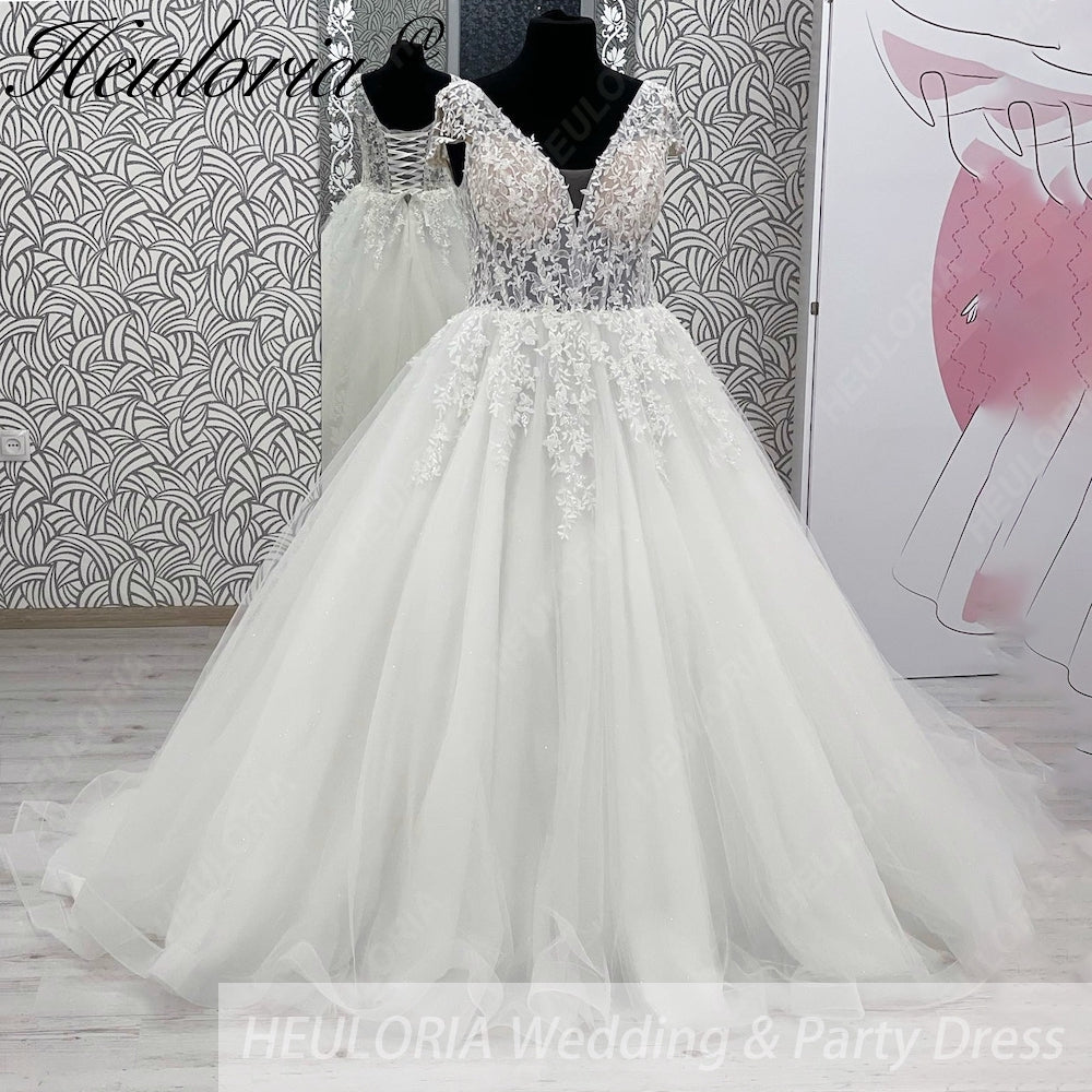 HEULORIA  A line Wedding Dress V neck short sleeve Boho Lace Appliques Tulle Long Bridal Gowns Backless Vestidos de Novia Customized AL-1102