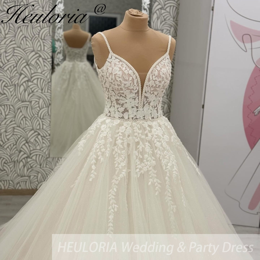 HEULORIA  elegant A line wedding dress Spaghetti Strap lace applique bridal dress Robe De Mariee Wedding Bride Dress AL-1048