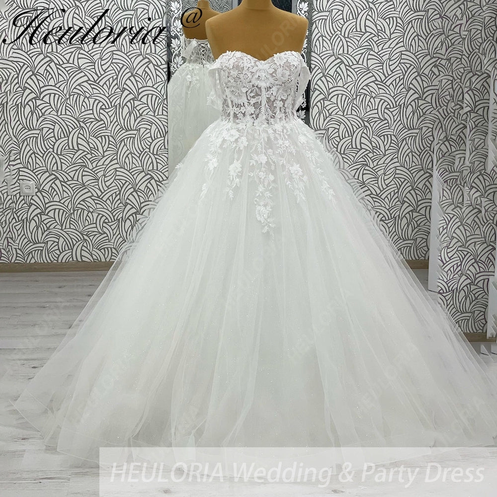 HEULORIA elegant A line wedding dress off shoulder Sparkly Glitter lace bridal dress long sleeve Robe De Mariee Wedding Bride Dress long train AL-1067