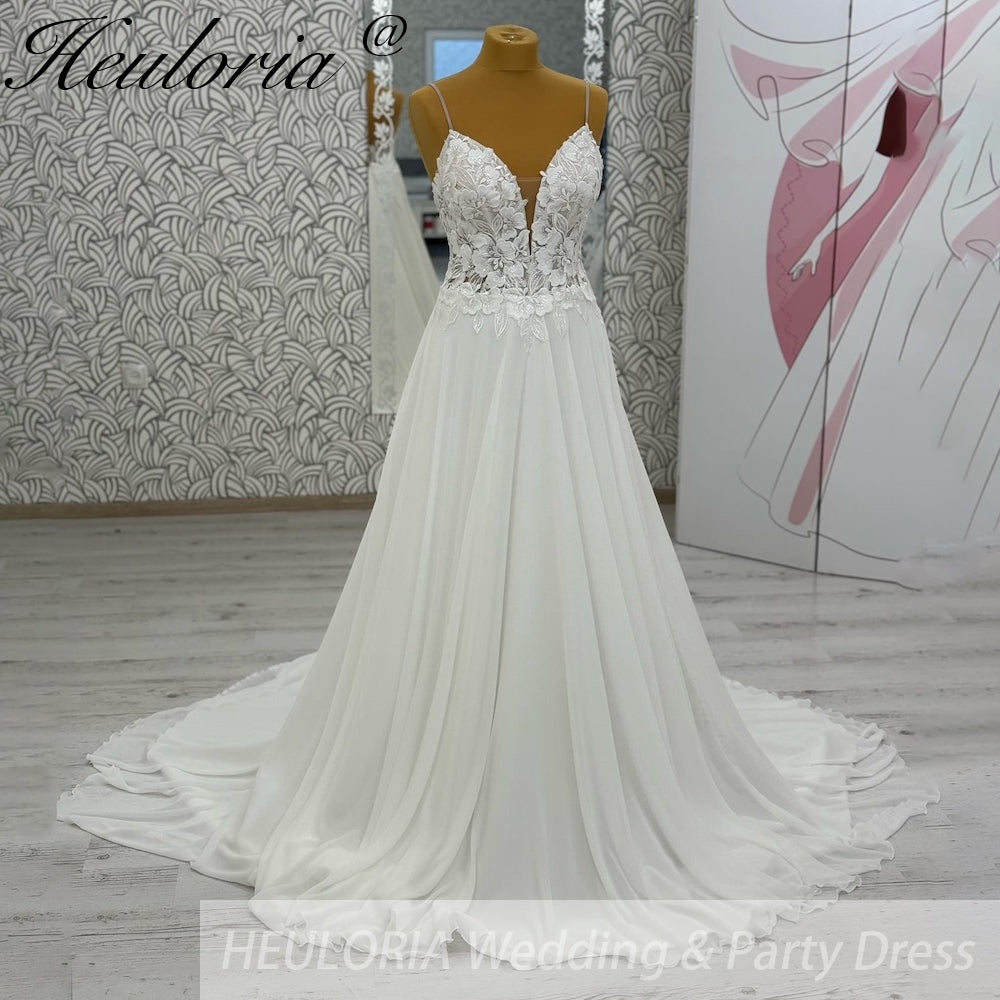 HEULORIA  elegant A line wedding dress Spaghetti Strap crepe lace chiffon bridal dress Robe De Mariee Wedding Bride Dress AL-1049