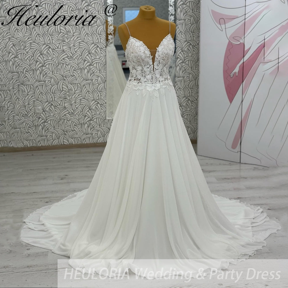 HEULORIA  elegant A line wedding dress Spaghetti Strap crepe lace chiffon bridal dress Robe De Mariee Wedding Bride Dress AL-1049