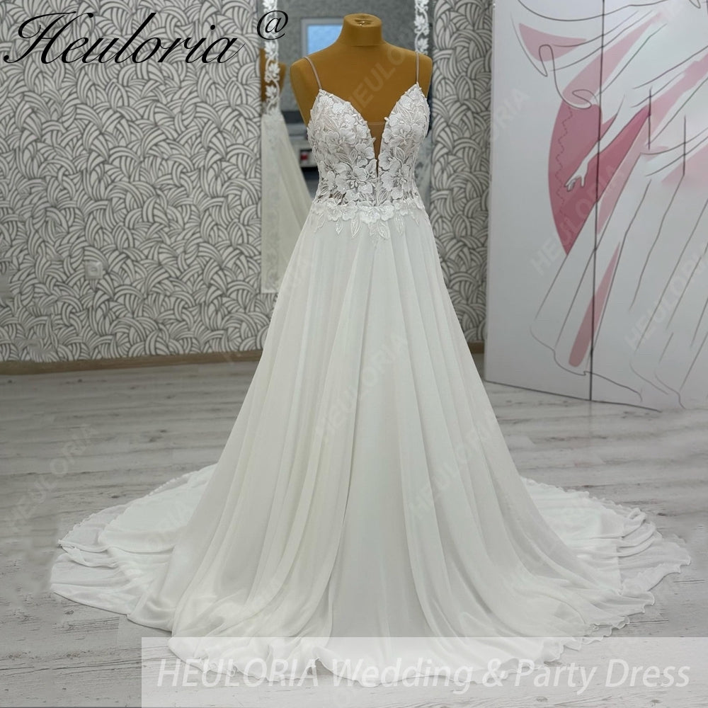 HEULORIA Ethereal Floral Lace V-Neck Wedding Dress with Unique Triple-Strap Back & Illusion Bodice AL-1049