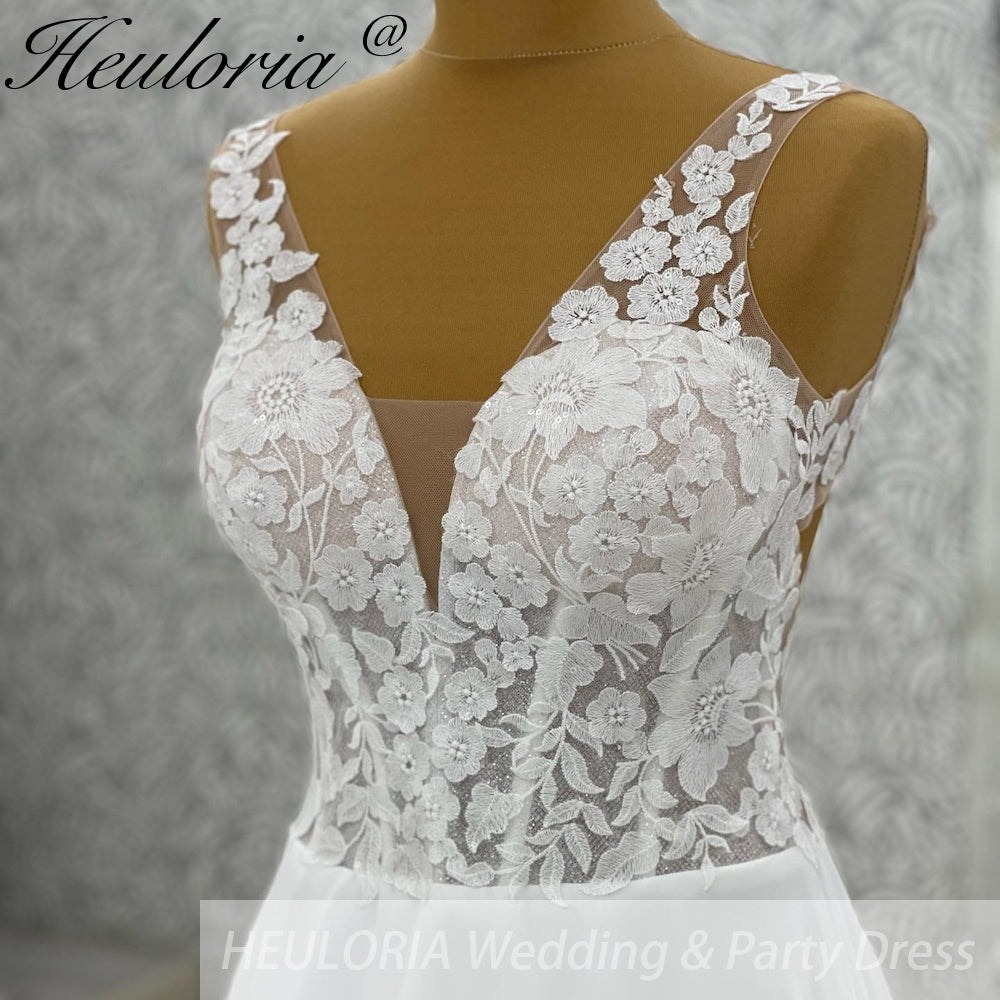 HEULORIA  elegant A line wedding dress Spaghetti Strap crepe lace chiffon bridal dress Robe De Mariee Wedding Bride Dress AL-1046