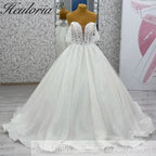 HEULORIA Ethereal Sparkle Tulle Ball Gown with Plunging Leafy Lace & Off-the-Shoulder Sleeves BA-1101