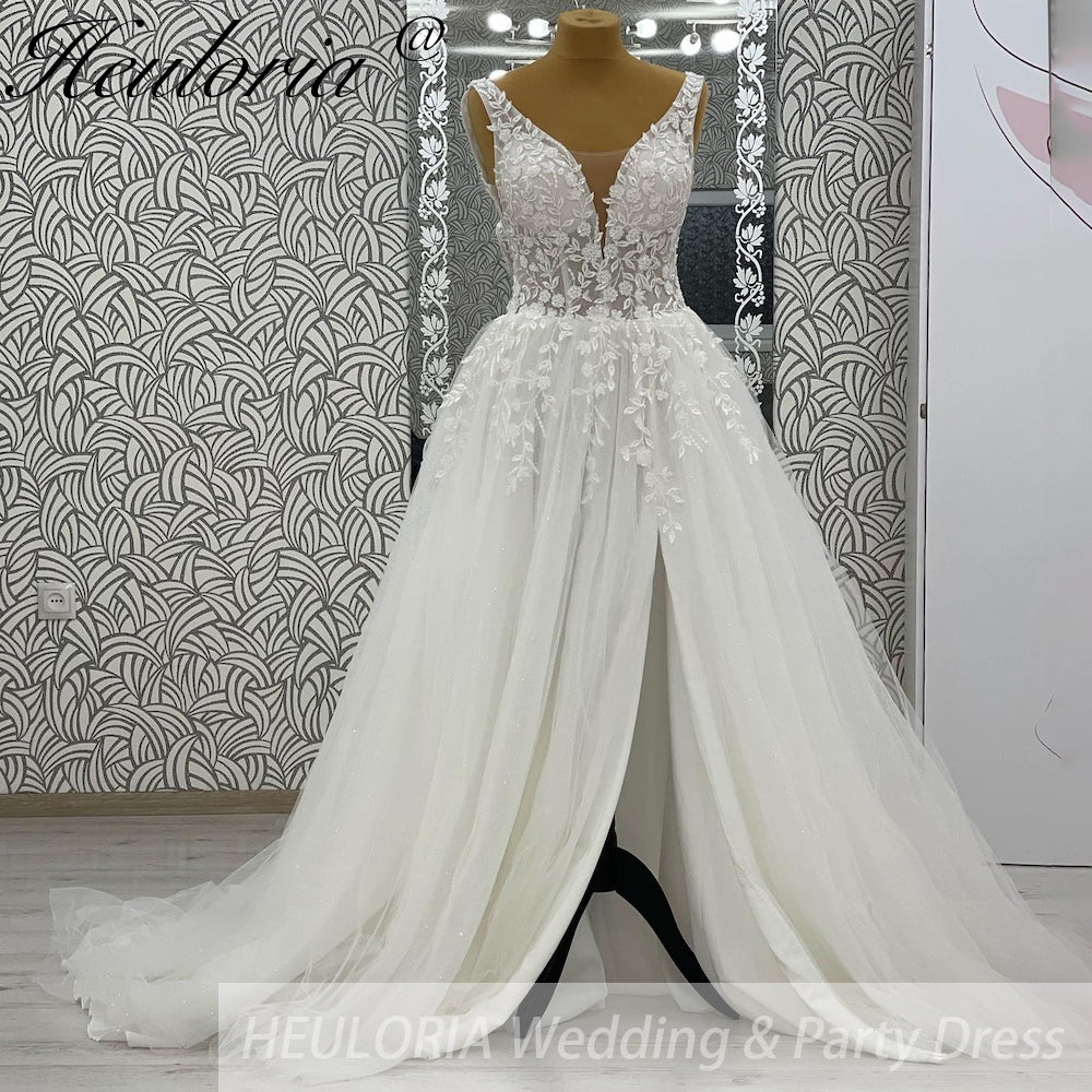 HEULORIA  elegant A line wedding dress V neck lace chiffon bridal dress Robe De Mariee Wedding Bride Dress AL-1065