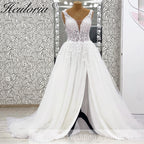 HEULORIA Botanical Leaf Lace Deep V-Neck A-Line Wedding Dress with Daring Thigh Slit & Shimmer Tulle AL-1065