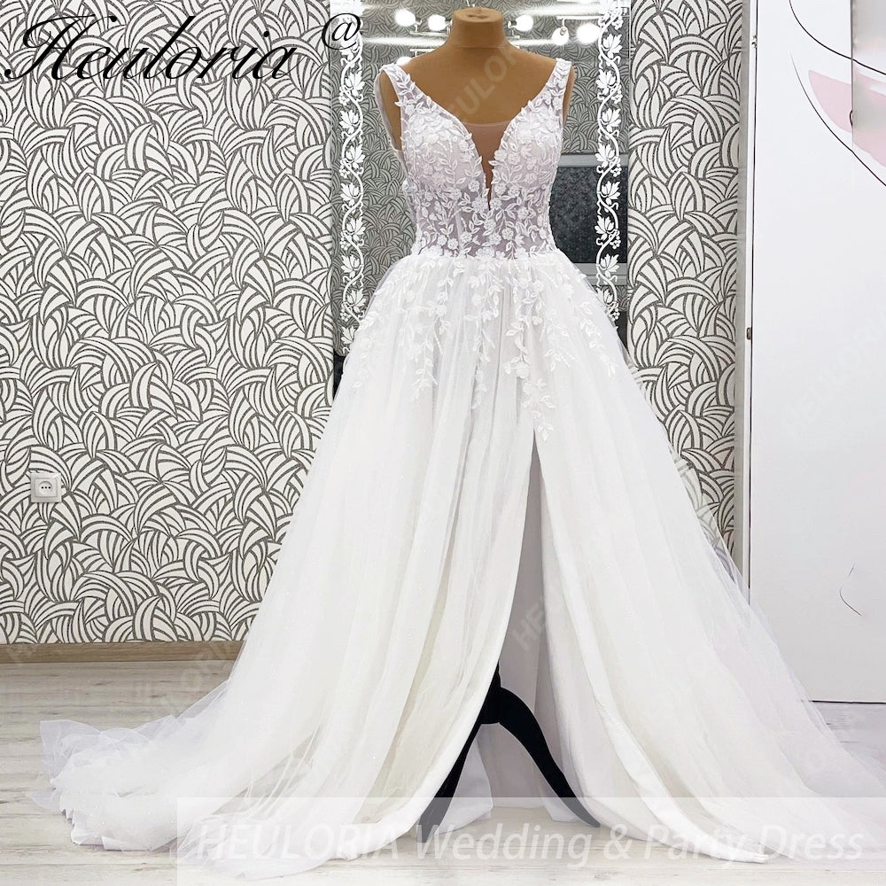 HEULORIA Botanical Leaf Lace Deep V-Neck A-Line Wedding Dress with Daring Thigh Slit & Shimmer Tulle AL-1065