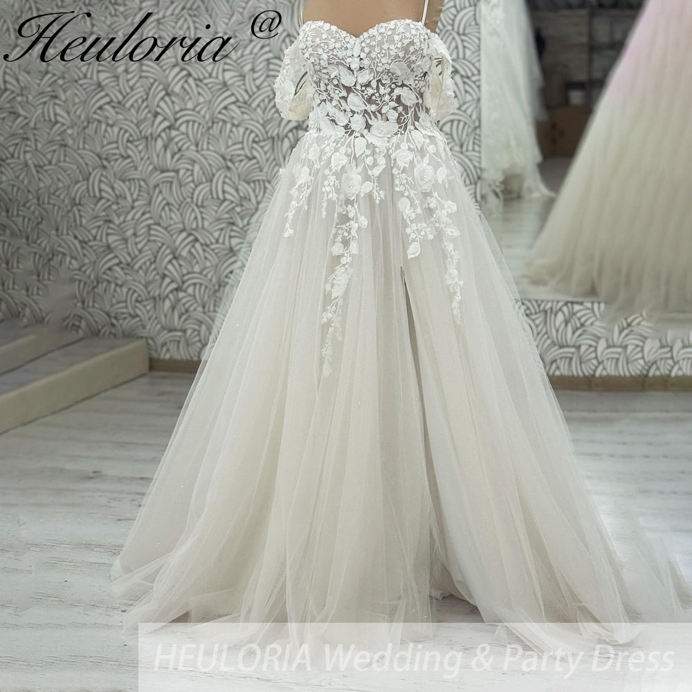 HEULORIA elegant A line wedding dress off shoulder Sparkly Glitter lace bridal dress long sleeve Robe De Mariee Wedding Bride Dress long train AL-1052