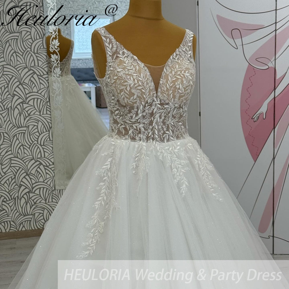 HEULORIA V Neck Sleeveless A line Wedding Dress Boho Lace Appliques Tulle Long Bridal Gowns Backless Vestidos de Novia Customized AL-1063