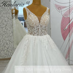 HEULORIA Ethereal Deep V-Neck Leaf Lace A-Line Wedding Dress - Shimmering Sequin Tulle & Corset Back AL-1063