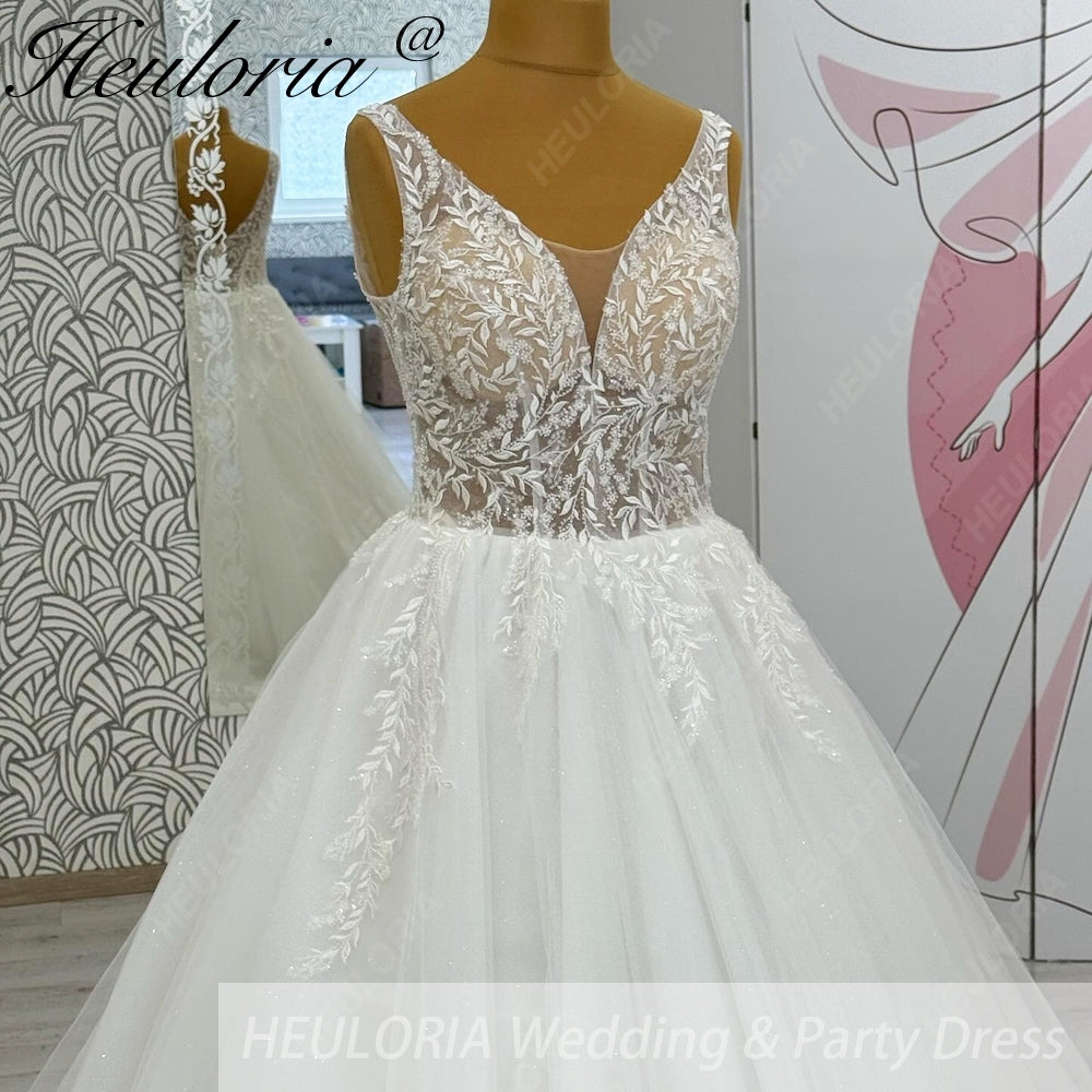 HEULORIA Ethereal Deep V-Neck Leaf Lace A-Line Wedding Dress - Shimmering Sequin Tulle & Corset Back AL-1063