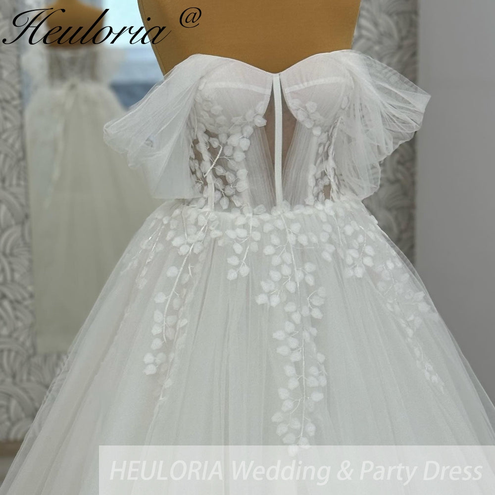 HEULORIA elegant A line wedding dress off shoulder Sparkly Glitter lace bridal dress long sleeve Robe De Mariee Wedding Bride Dress long train AL-1061