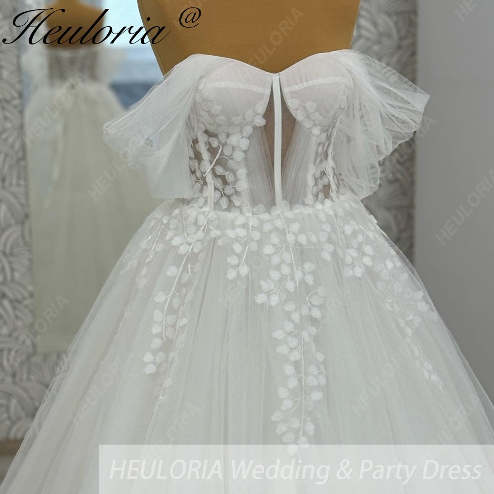 HEULORIA Ethereal Leaf Lace Off-the-Shoulder Wedding Dress with Draped Tulle Sleeves and Corset Bodice AL-1061