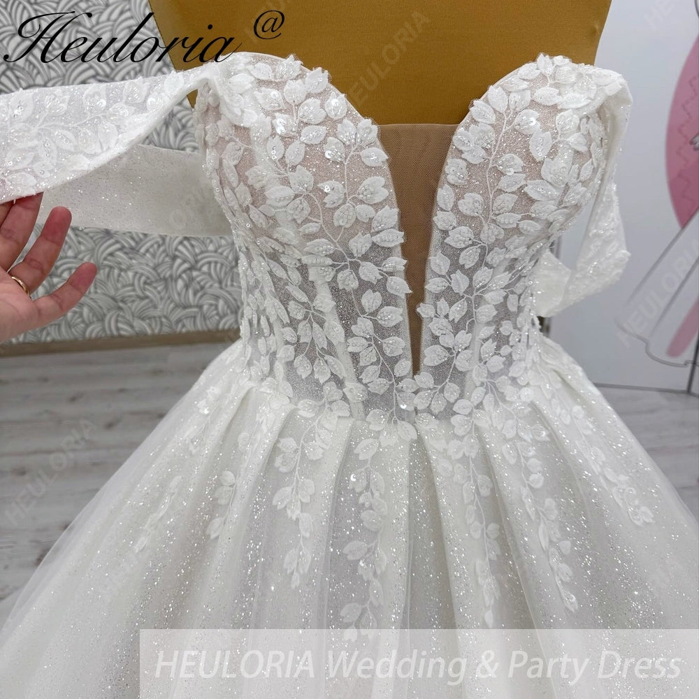 HEULORIA Ethereal Sparkle Tulle Ball Gown with Plunging Leafy Lace & Off-the-Shoulder Sleeves BA-1101