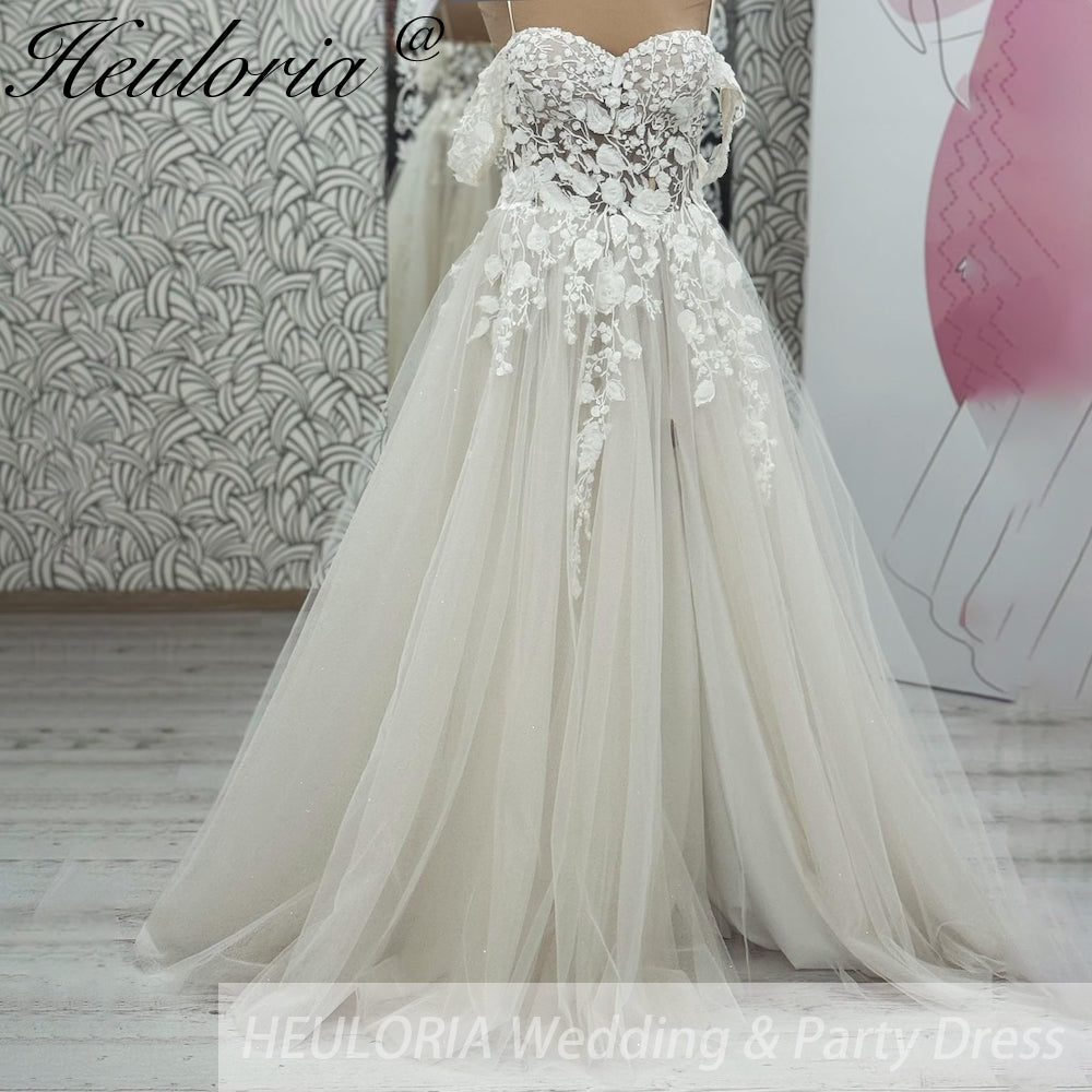 HEULORIA elegant A line wedding dress off shoulder Sparkly Glitter lace bridal dress long sleeve Robe De Mariee Wedding Bride Dress long train AL-1052 Main image