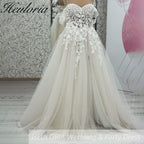 HEULORIA elegant A line wedding dress off shoulder Sparkly Glitter lace bridal dress long sleeve Robe De Mariee Wedding Bride Dress long train AL-1052