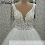 HEULORIA V Neck Sleeveless A line Wedding Dress sparky Boho Lace Appliques Tulle Long Bridal Gowns Backless Vestidos de Novia Customized AL-1091