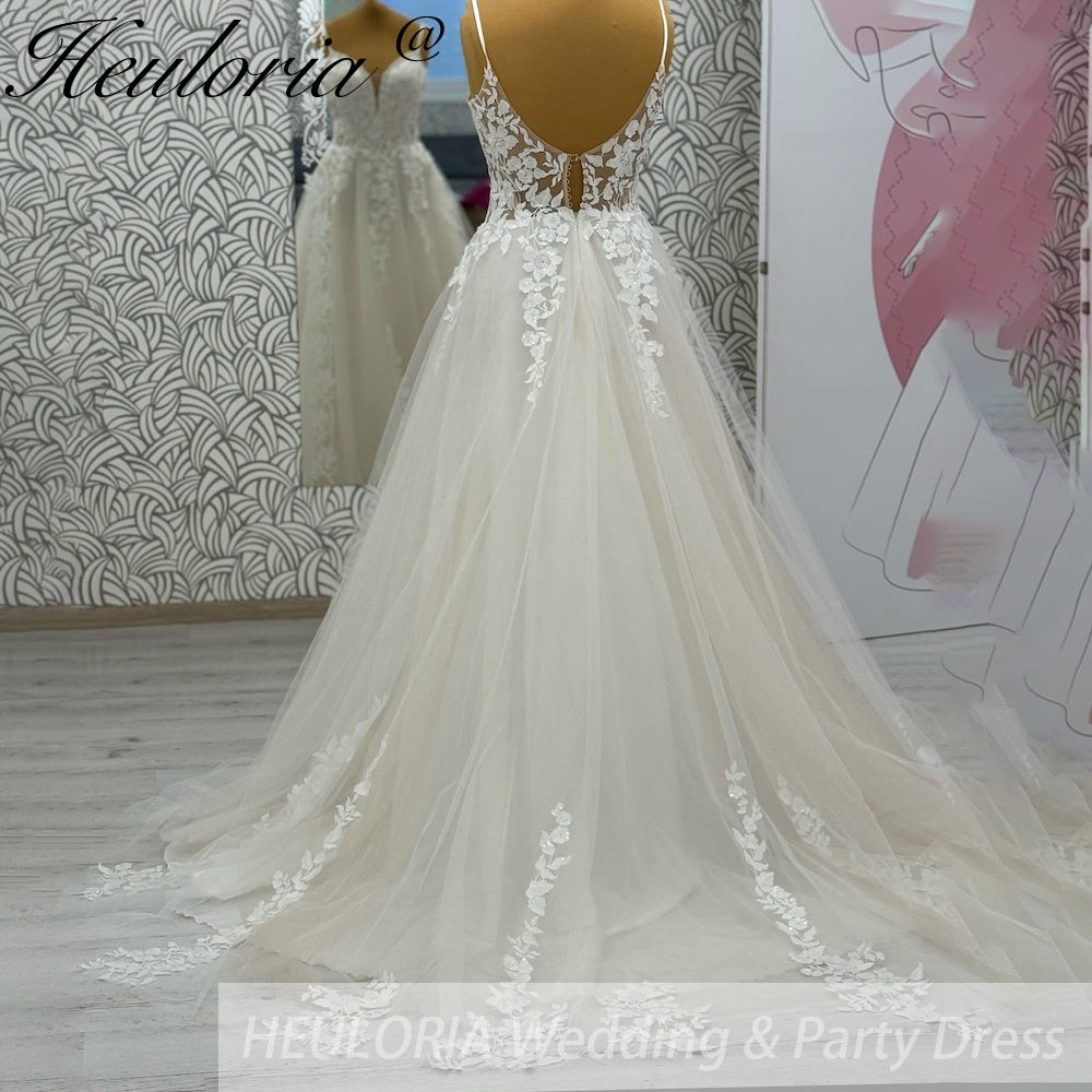 HEULORIA V Neck Sleeveless A line Wedding Dress Boho Lace Appliques Tulle Long Bridal Gowns Backless Vestidos de Novia Customized AL-1051