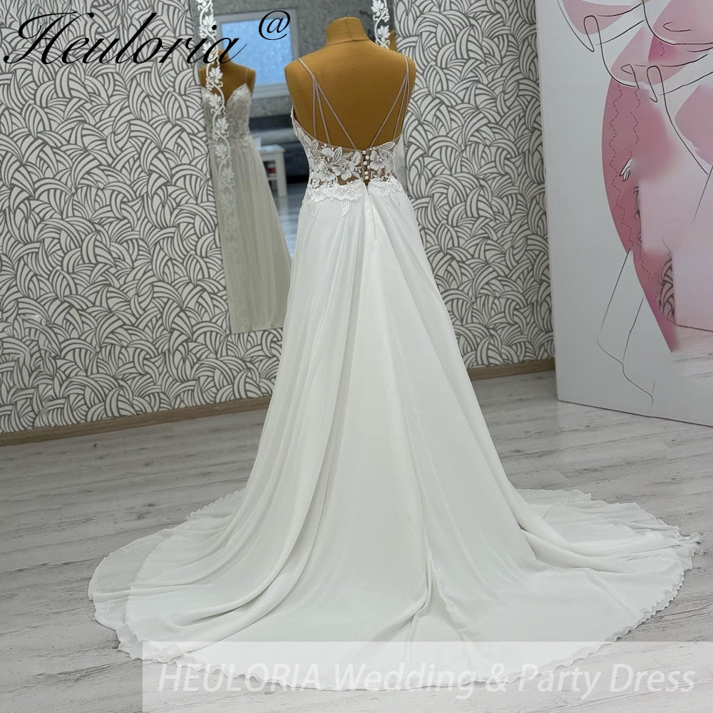 HEULORIA  elegant A line wedding dress Spaghetti Strap crepe lace chiffon bridal dress Robe De Mariee Wedding Bride Dress AL-1049