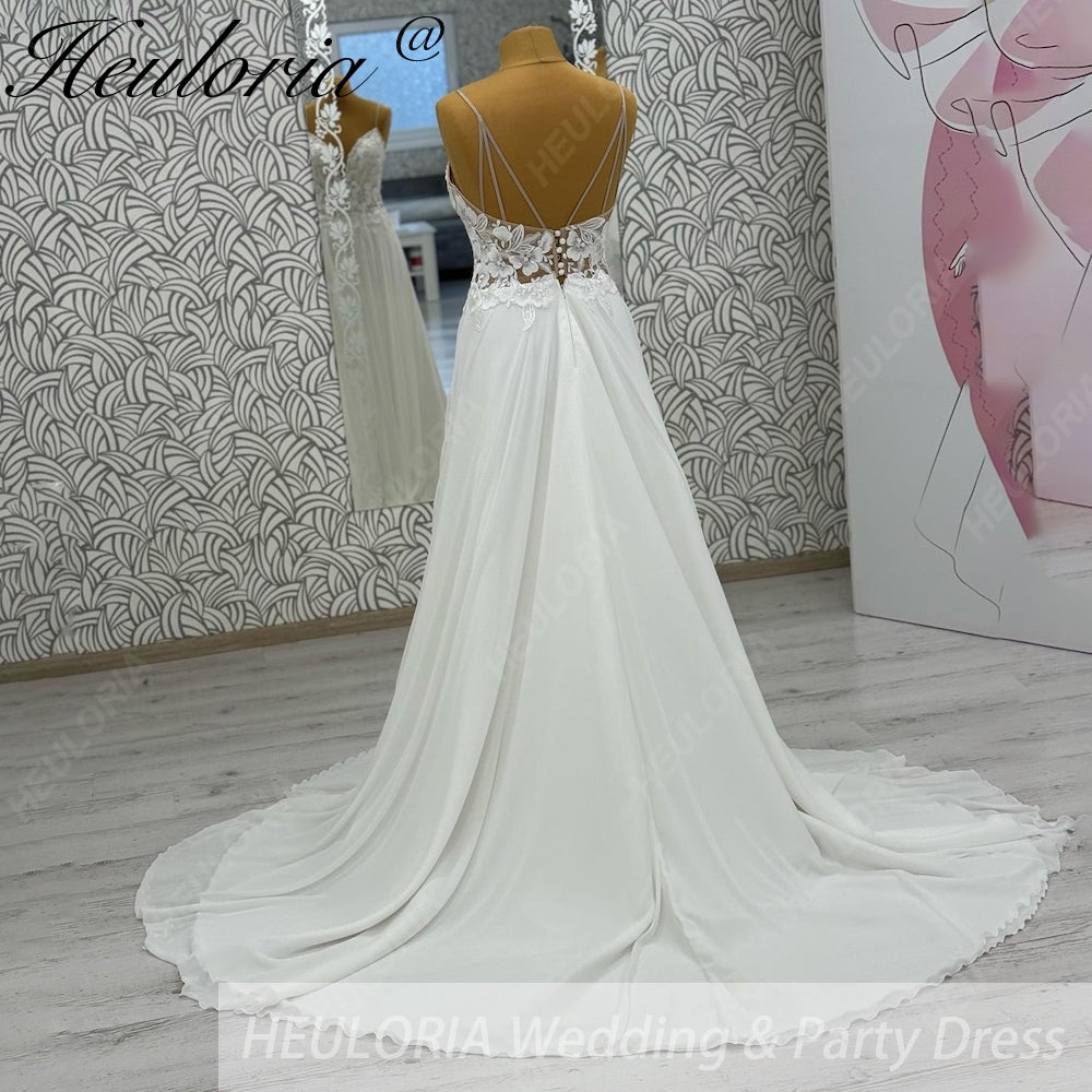 HEULORIA Ethereal Floral Lace V-Neck Wedding Dress with Unique Triple-Strap Back & Illusion Bodice AL-1049
