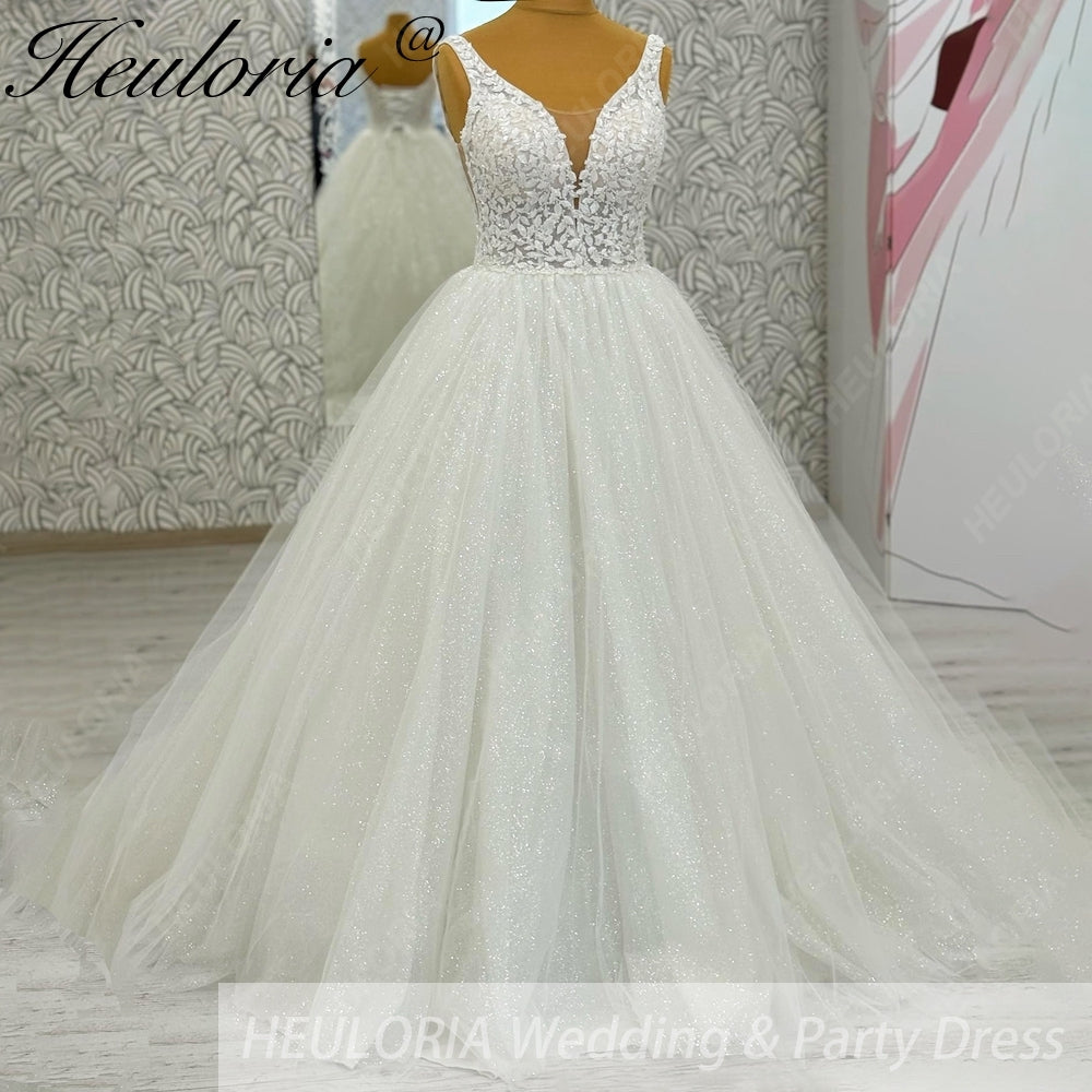 HEULORIA Radiant Sparkle A-Line Wedding Dress - Plunging V-Neck with Illusion Mesh & Leaf Lace Bodice AL-1059