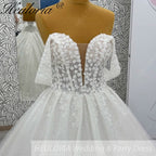 HEULORIA Ethereal Sparkle Tulle Ball Gown with Plunging Leafy Lace & Off-the-Shoulder Sleeves BA-1101