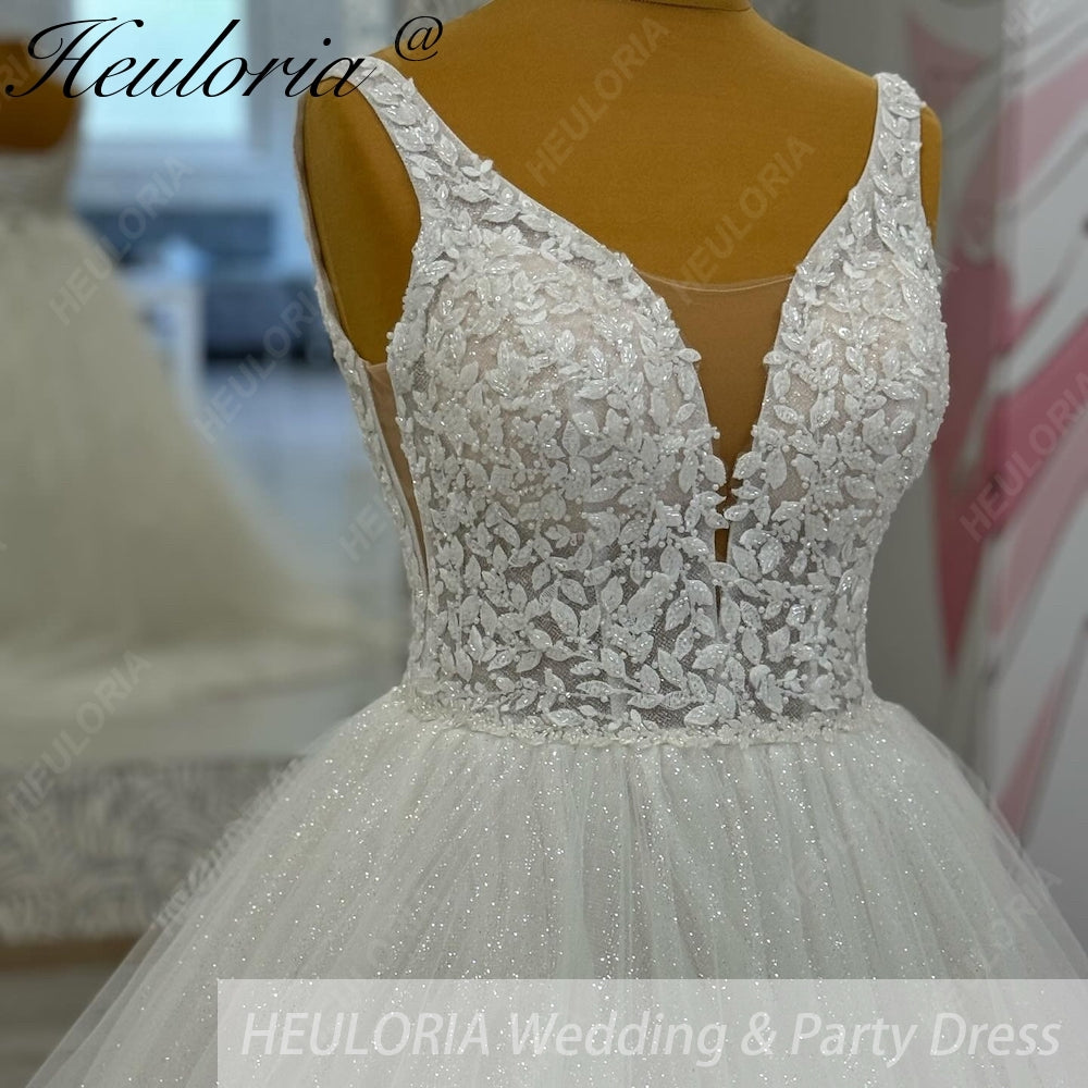 HEULORIA Radiant Sparkle A-Line Wedding Dress - Plunging V-Neck with Illusion Mesh & Leaf Lace Bodice AL-1059